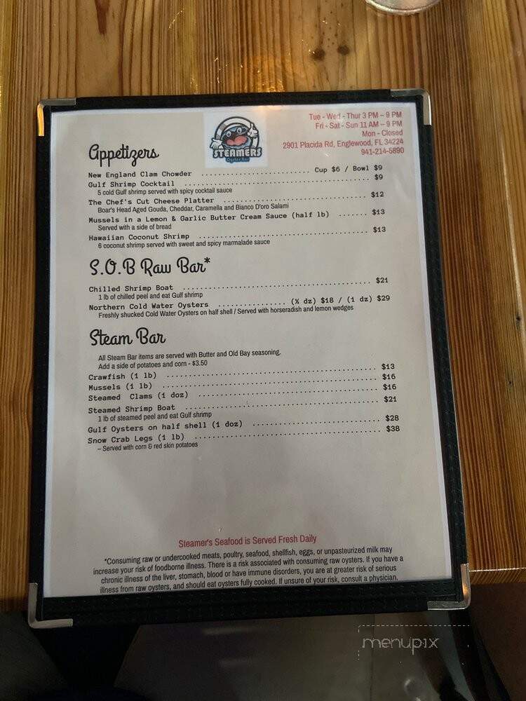 Steamer's Oyster Bar - Englewood, FL menu_pic