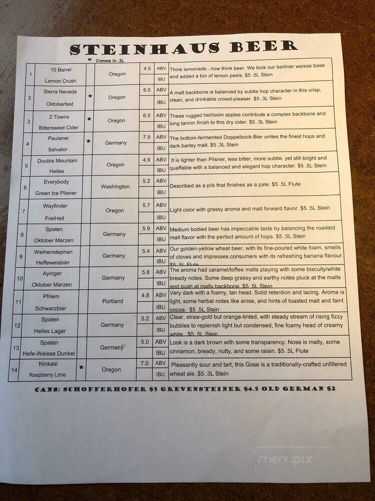Steinhaus MusicSpirits - Portland, OR menu_pic