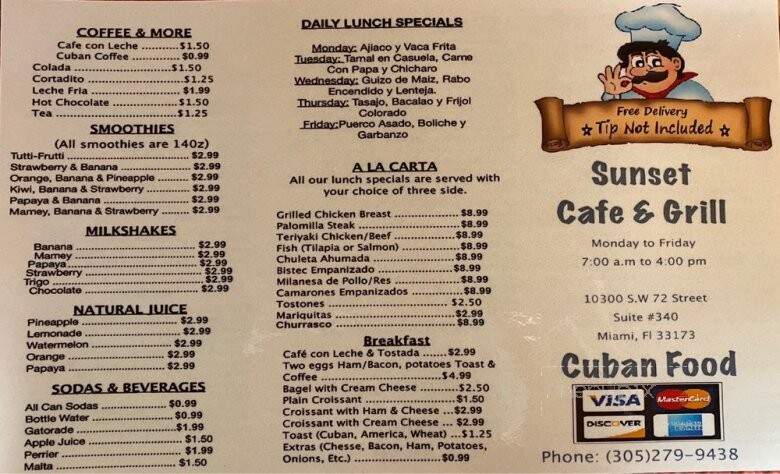 Sunset Cafe Grill - Miami, FL menu_pic