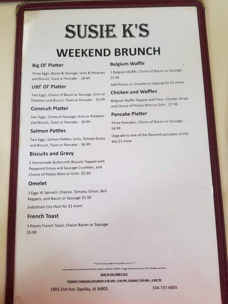 Susie K's - Opelika, AL menu_pic