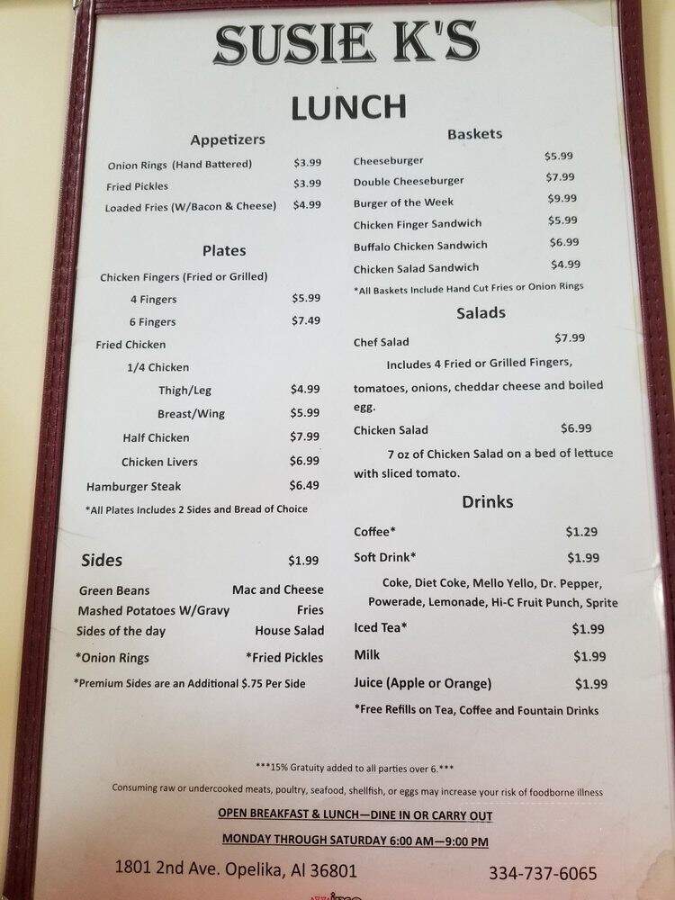 Susie K's - Opelika, AL menu_pic