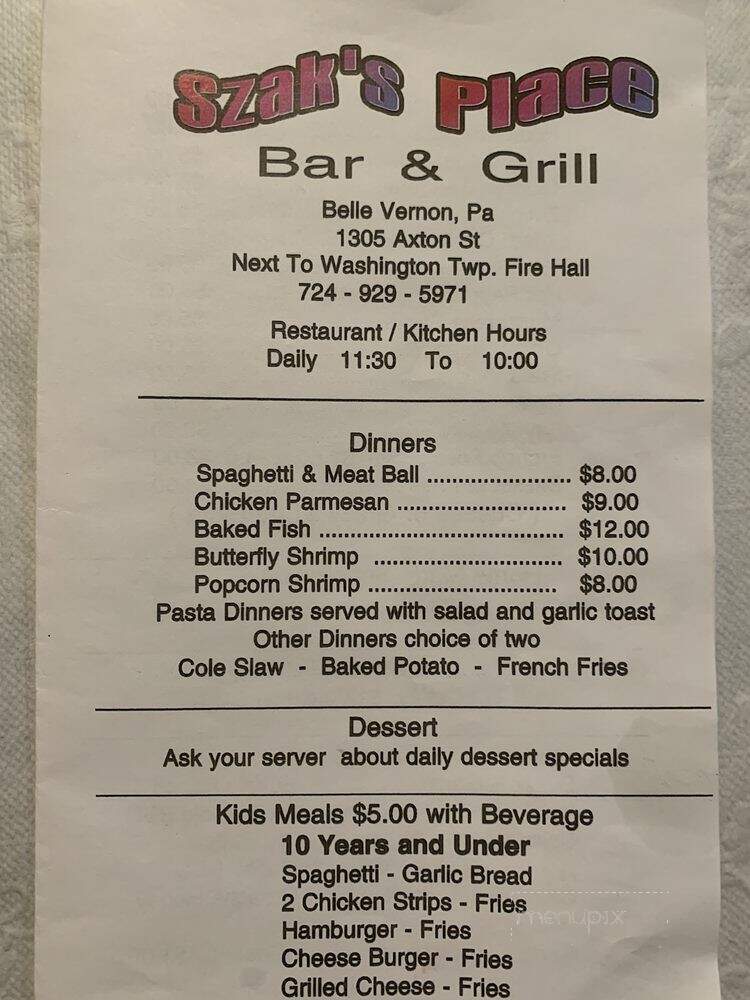 Szak's Place - Belle Vernon, PA menu_pic