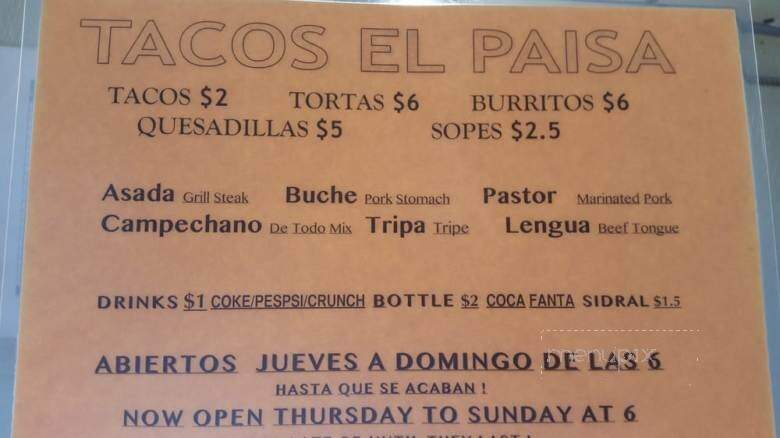 Taco El Paisa - Colorado Springs, CO menu_pic