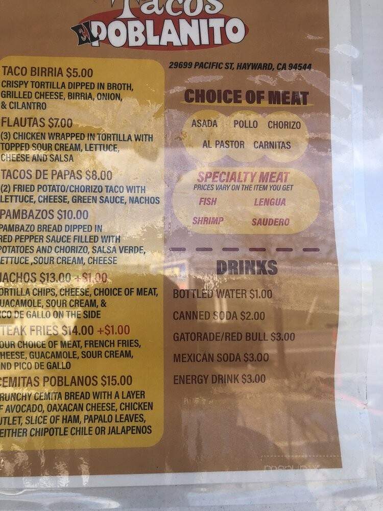 Tacos El Poblanito - Hayward, CA menu_pic