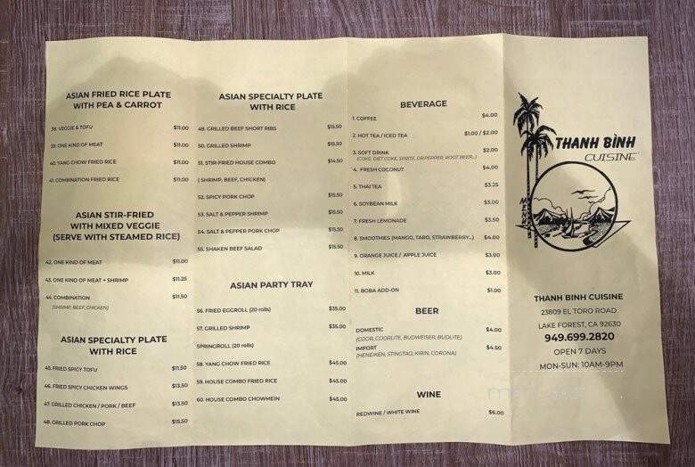 Thanh Binh Cuisine - Lake Forest, CA menu_pic
