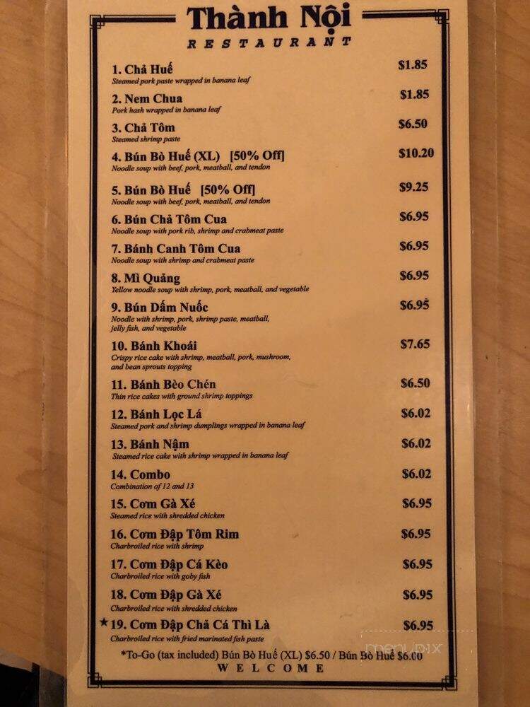 Thanh Noi Restaurant - Santa Ana, CA menu_pic