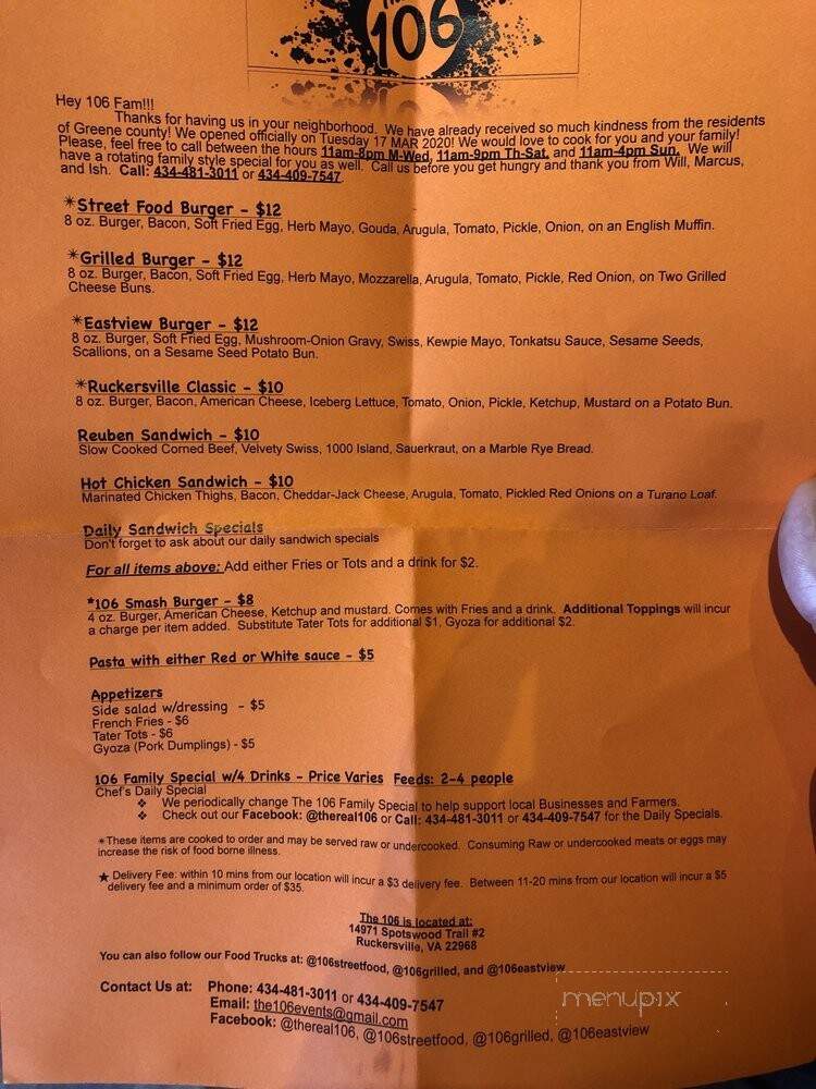 The 106 - Ruckersville, VA menu_pic