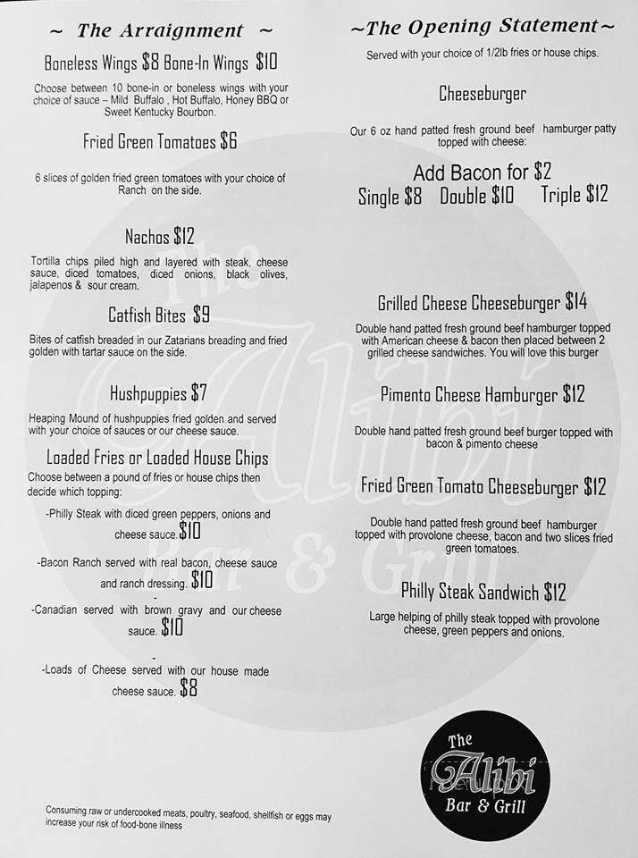 The Alibi Bar & Grill - Union City, TN menu_pic