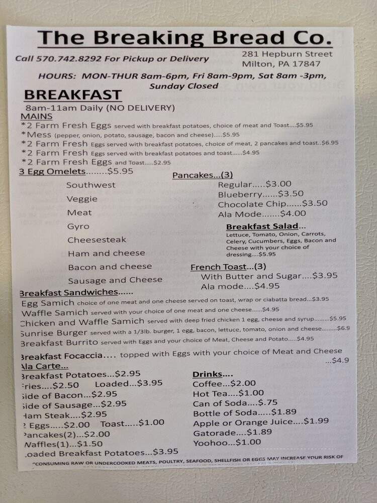 The Breaking Bread Company - Milton, PA menu_pic