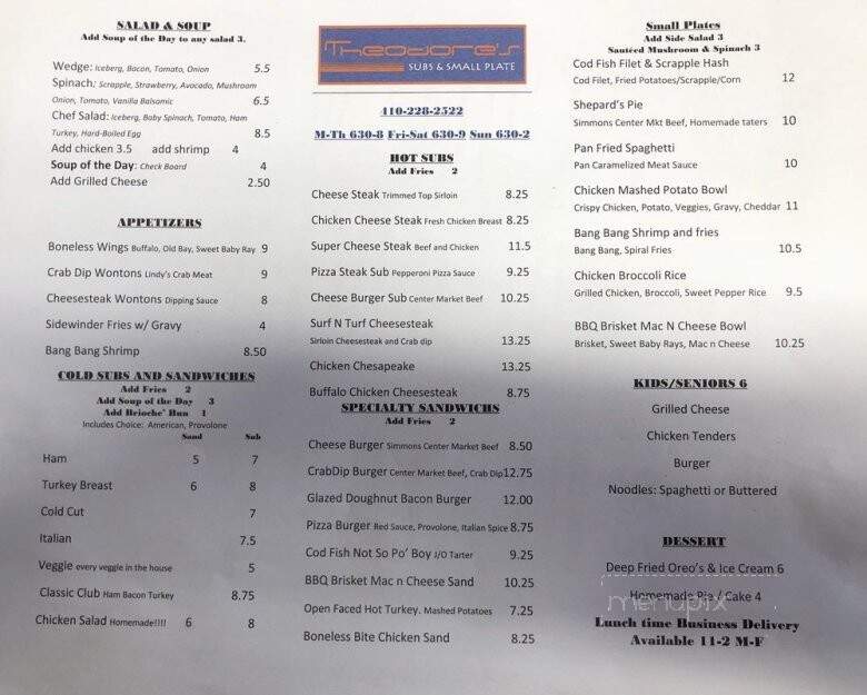 Theodore's Subs & Small Plates - Cambridge, MD menu_pic