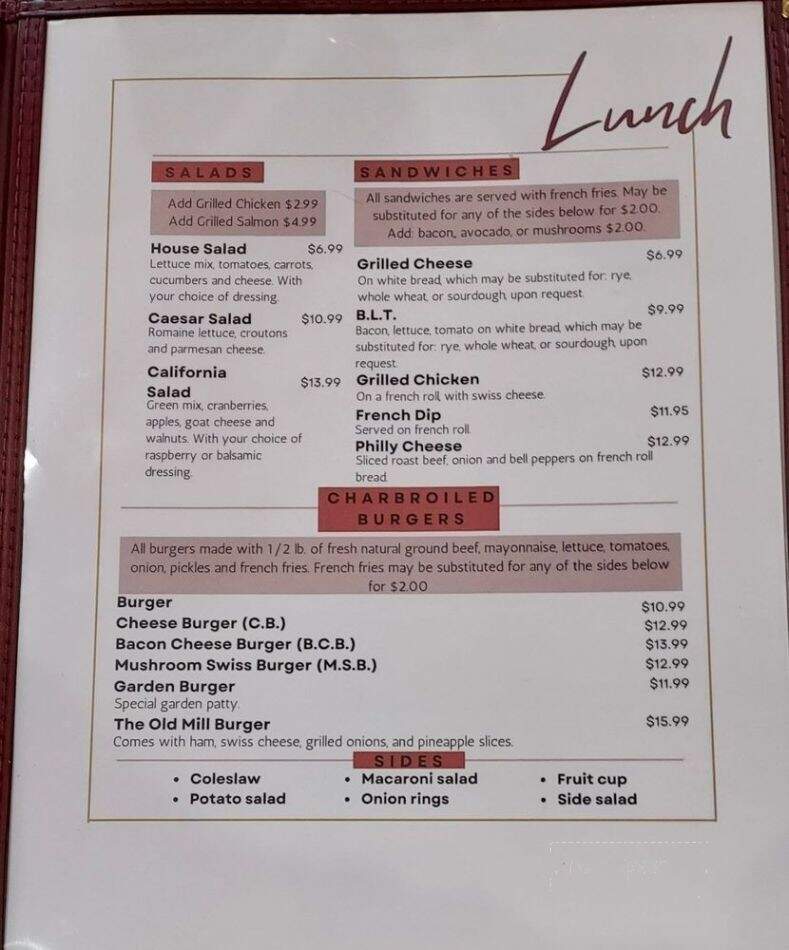 The Old Mill - Lower Lake, CA menu_pic