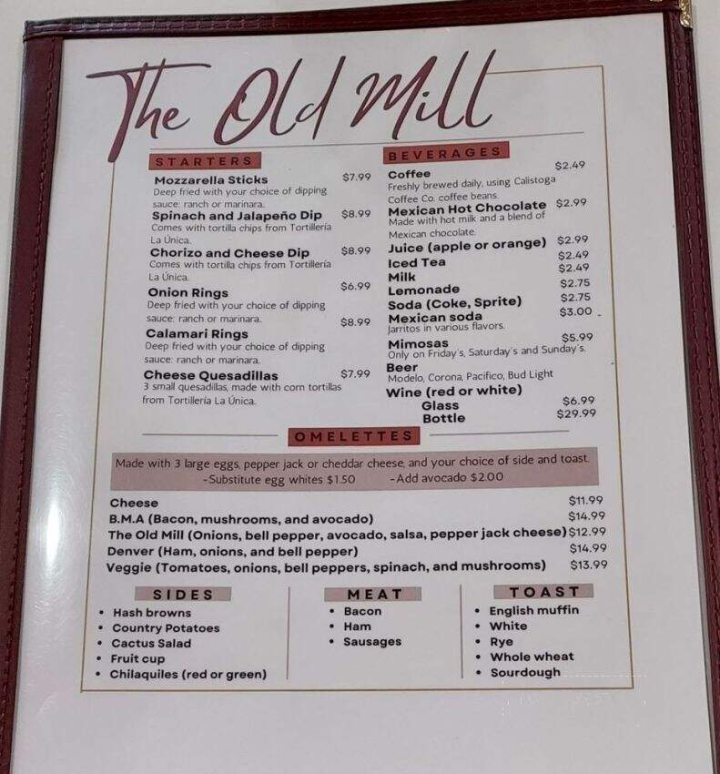 The Old Mill - Lower Lake, CA menu_pic