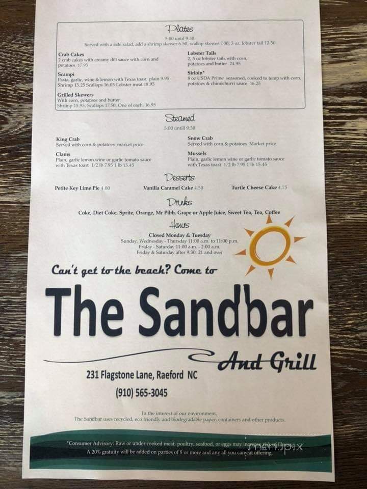 The Sandbar and Grill - Raeford, NC menu_pic