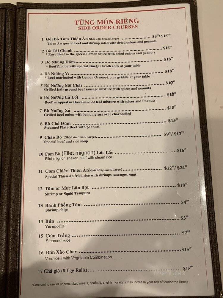 Thien An Bo 7 Mon Restaurant - Garden Grove, CA menu_pic