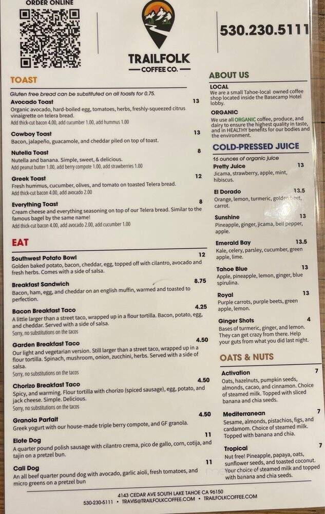 Trailfolk Coffee - South Lake Tahoe, CA menu_pic