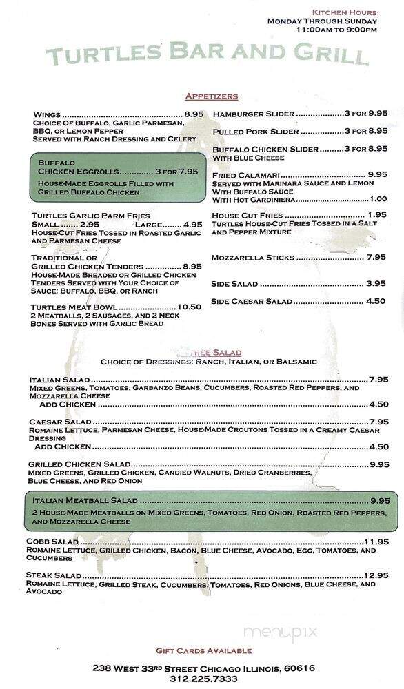 Turtles Bar and Grill - Chicago, IL menu_pic