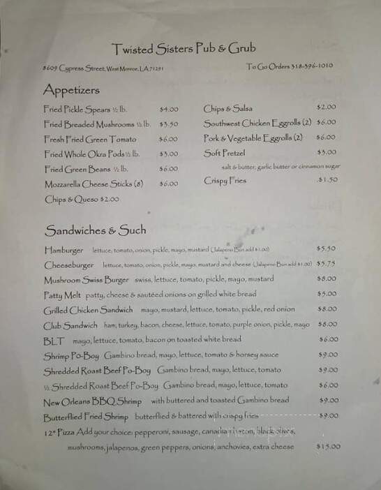 Twisted Sisters Pub & Grub - West Monroe, LA menu_pic