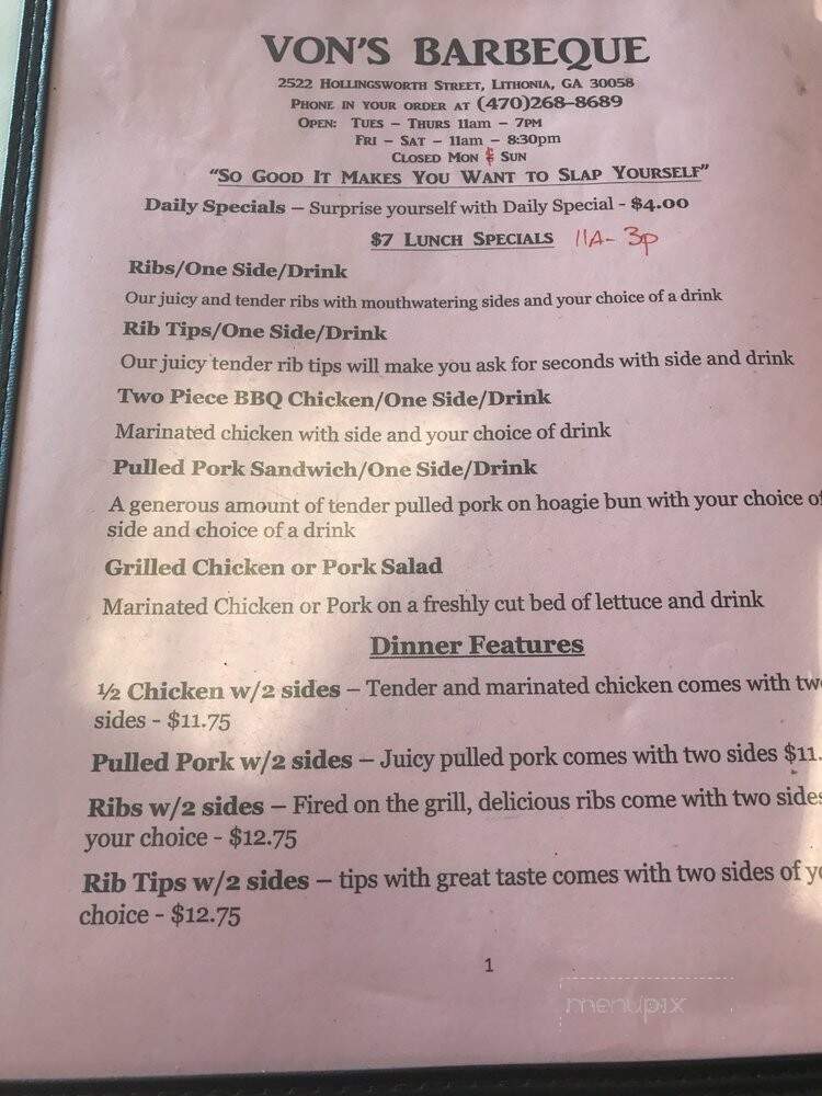 Von's Barbeque - Lithonia, GA menu_pic