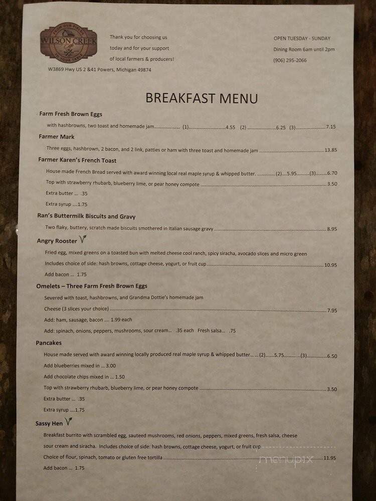 Wilson Creek Cafe - Powers, MI menu_pic