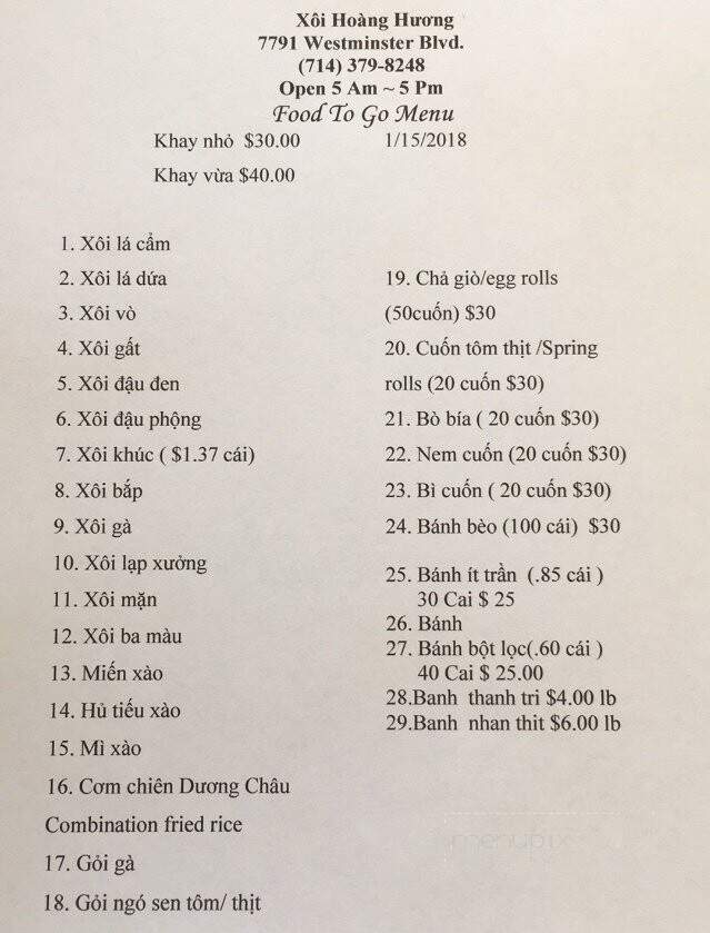 Xoi Hoang Huong - Westminster, CA menu_pic