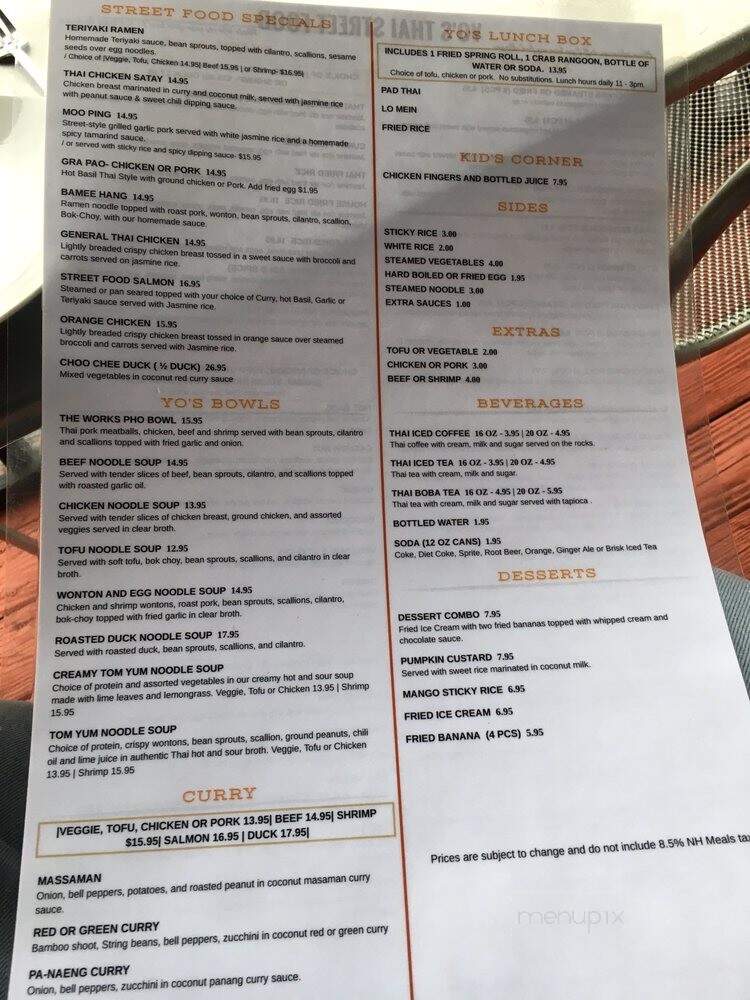 Yo's Thai Street Food - Rochester, NH menu_pic