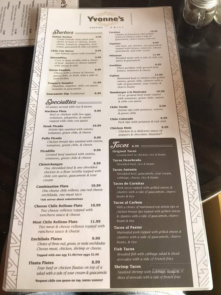 Yvonne's Bar Grill - El Paso, TX menu_pic