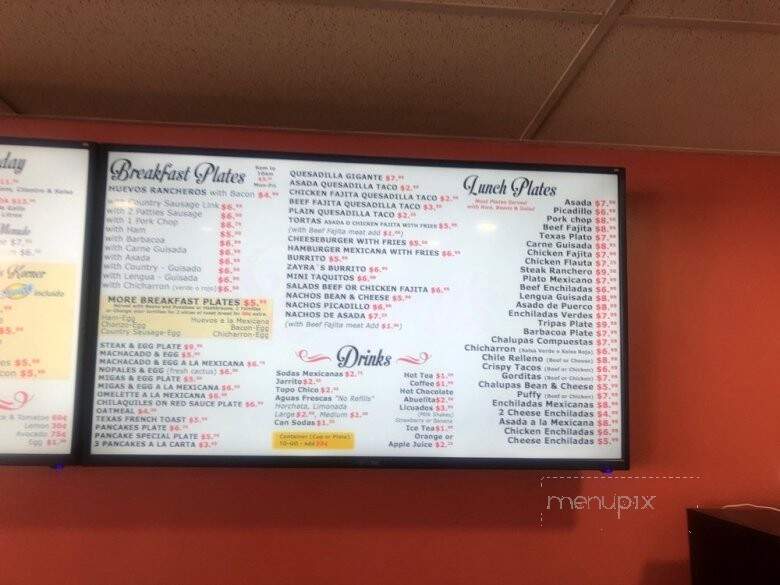 Zayra's Mexican Resturant - San Antonio, TX menu_pic