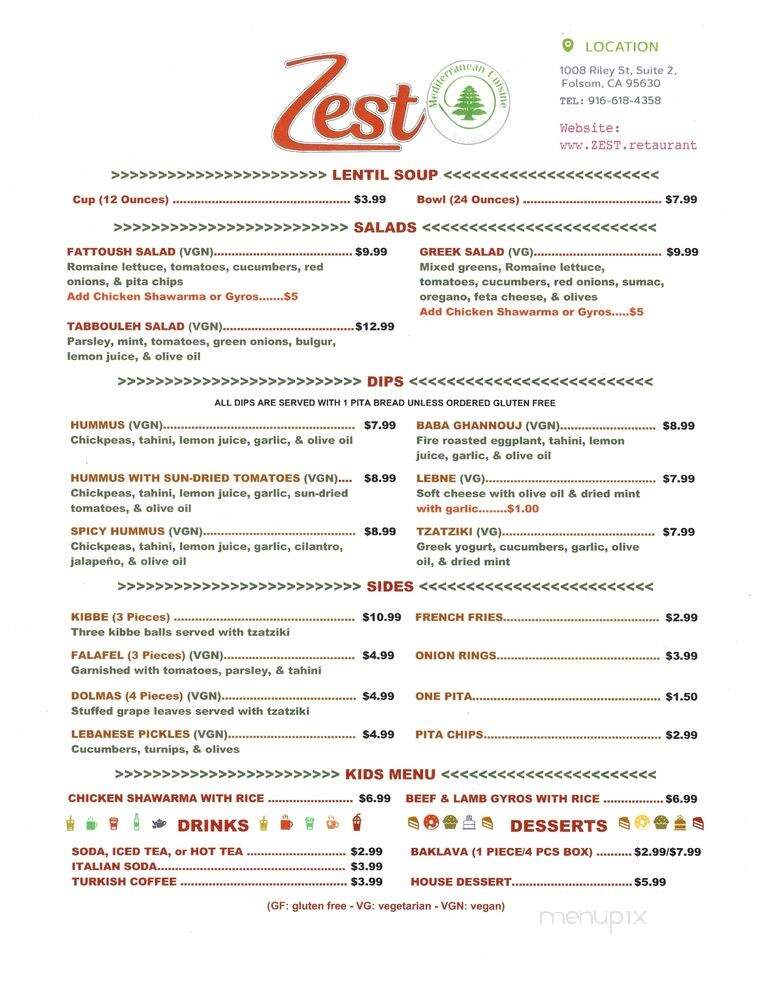 Zest Mediterranean Cuisine - Folsom, CA menu_pic