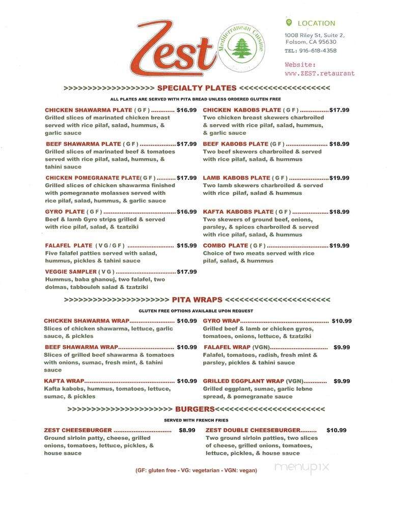 Zest Mediterranean Cuisine - Folsom, CA menu_pic