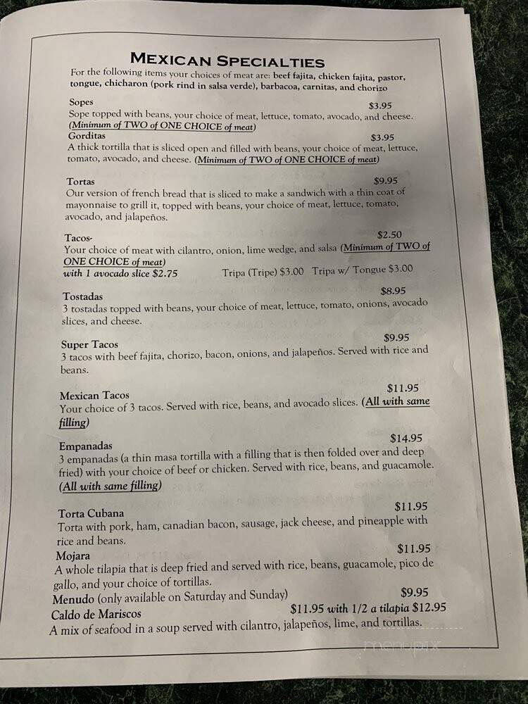 Villegas Panadera and Mexican Restaurant - Durant, OK menu_pic
