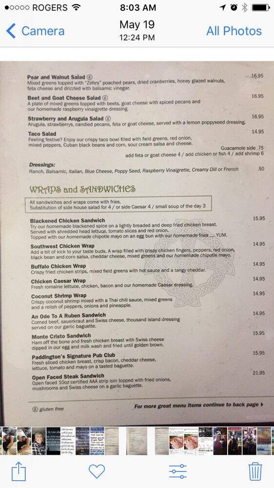 Paddingtons pub ale house and wine bar - Lambton Shores, ON menu_pic