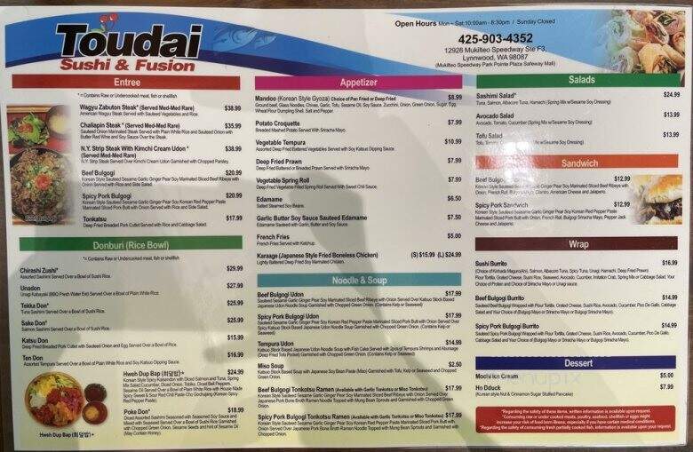 Toudai Sushi & Fusion - Lynnwood, WA menu_pic