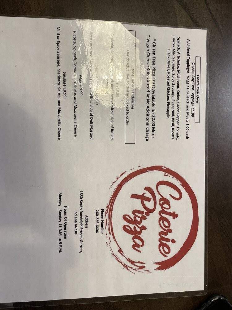 Coterie Pizza - Garrett, IN menu_pic