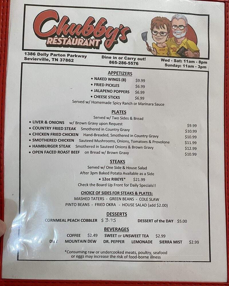 Chubby's Restaurant - Sevierville, TN menu_pic