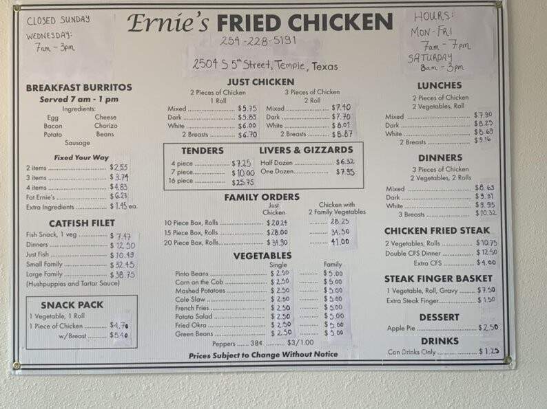 Ernie's Fried Chicken - Temple, TX menu_pic