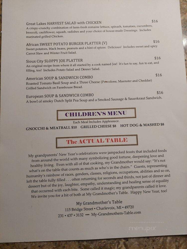 My Grandmothers Table - Charlevoix, MI menu_pic