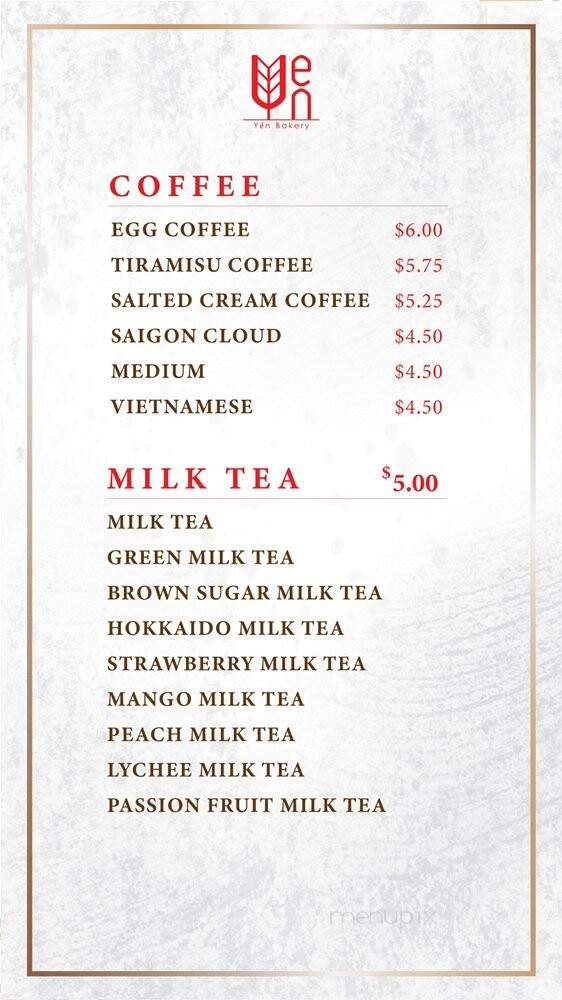 Yen Bakery and Sandwiches - Westminster, CA menu_pic