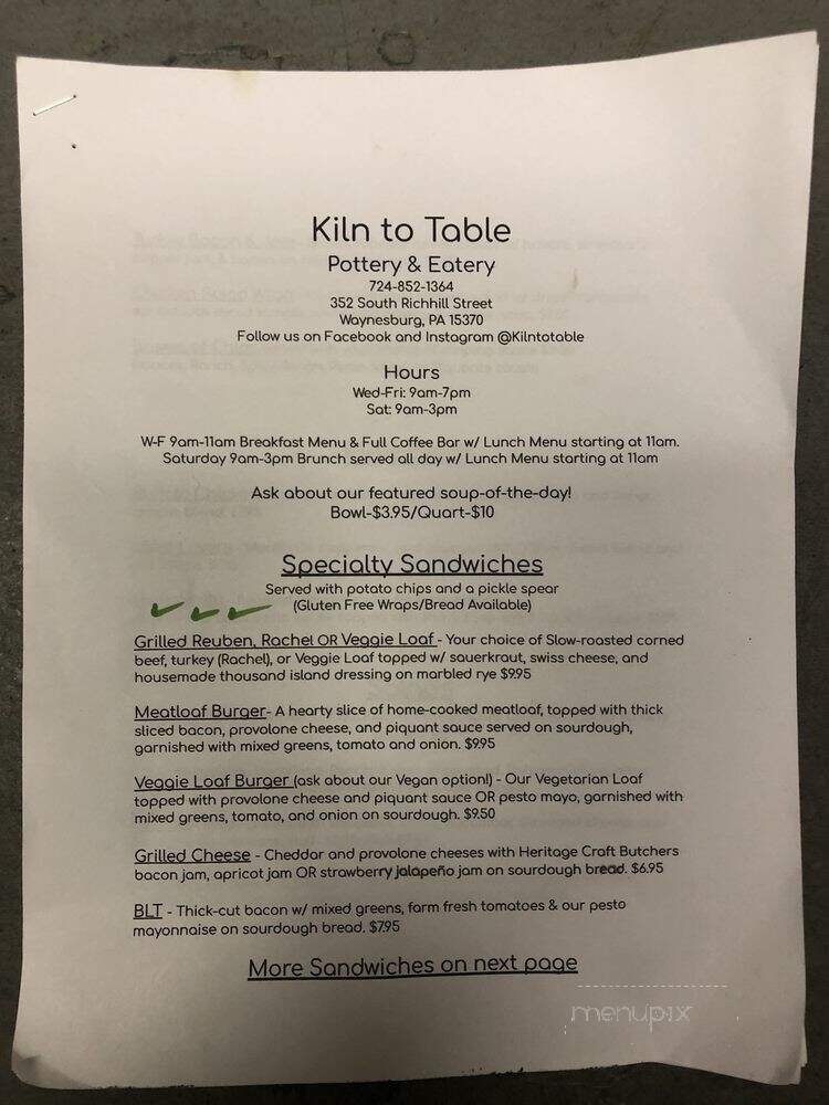 Kiln to Table - Waynesburg, PA menu_pic