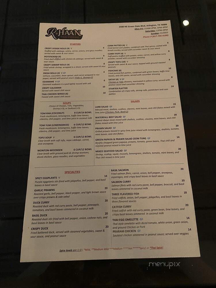 R'Haan Thai Cuisine - Arlington, TX menu_pic