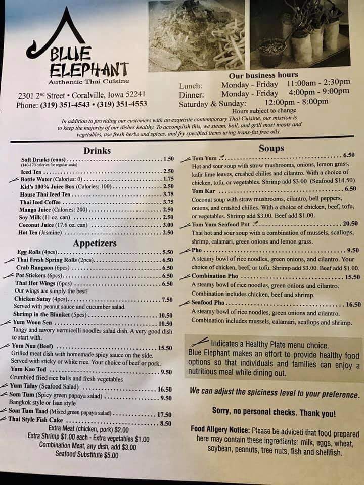 Blue Elephant Thai Restaurant - Iowa City, IA menu_pic