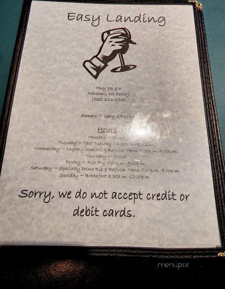 Easy Landing - Marshall, WI menu_pic