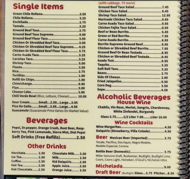 El Nuevo Mexicali III - Springville, CA menu_pic