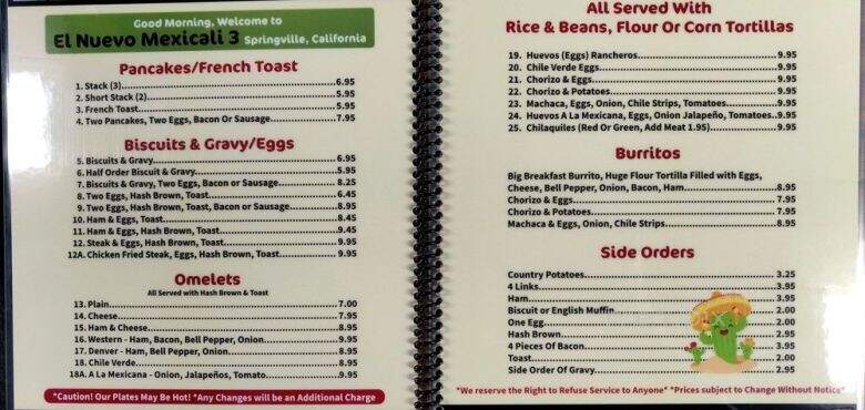 El Nuevo Mexicali III - Springville, CA menu_pic