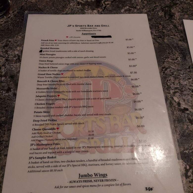 J P's Sportsbar & Grill - South Williamsport, PA menu_pic