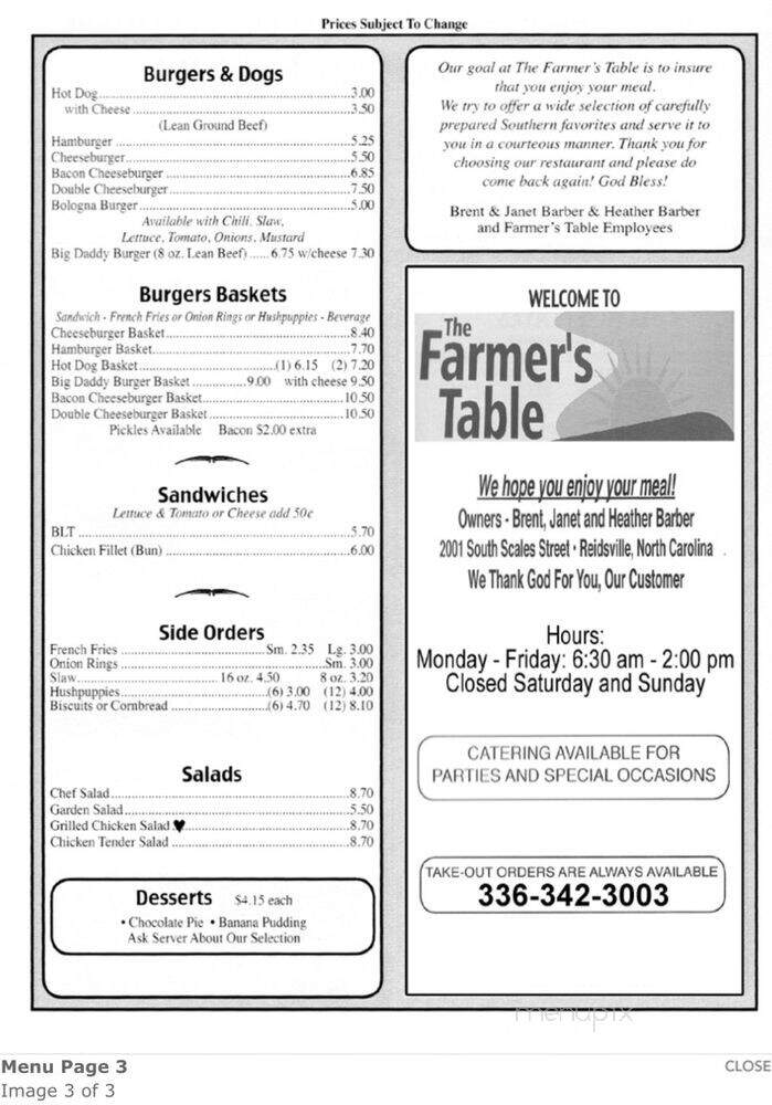 Farmers Table - Reidsville, NC menu_pic