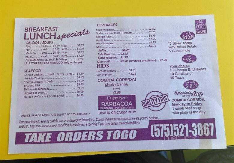 Good Luck Cafe - Las Cruces, NM menu_pic