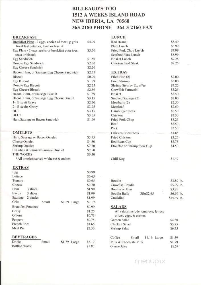 Billeaud's Too - New Iberia, LA menu_pic