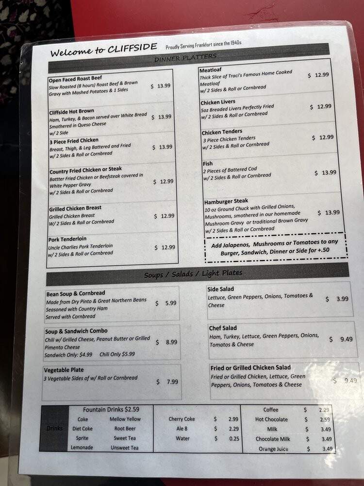Cliffside Restaurant - Frankfort, KY menu_pic