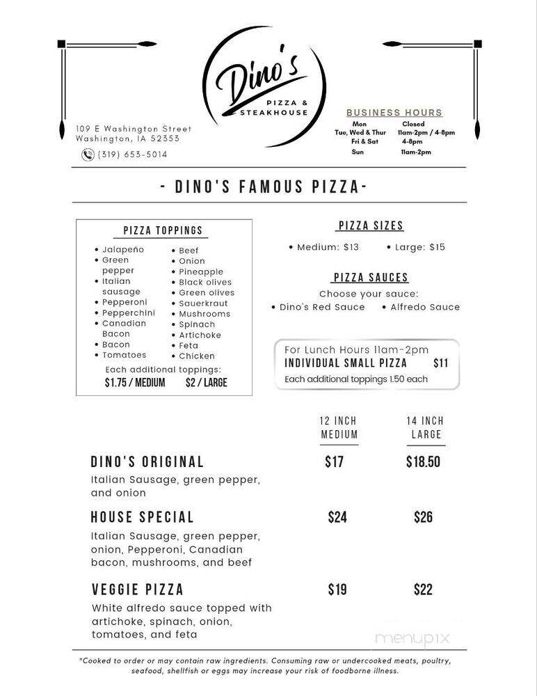 Dino's Pizza & Steakhouse - Washington, IA menu_pic