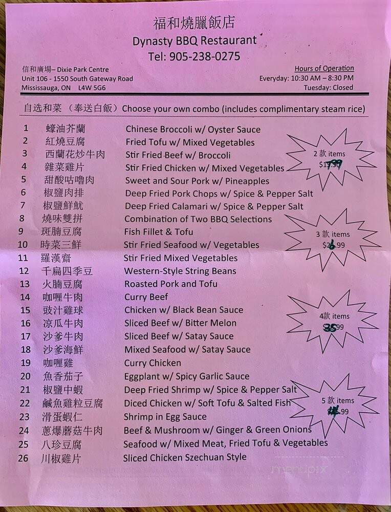 Dynasty B B Q Restaurant - Mississauga, ON menu_pic